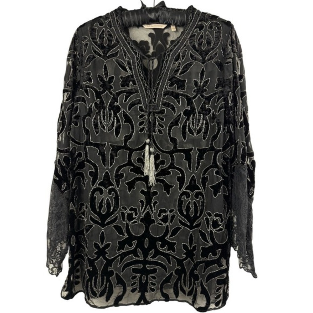 Soft Surroundings Black Velvet Burnout Lace Tunic with Tassels | Small